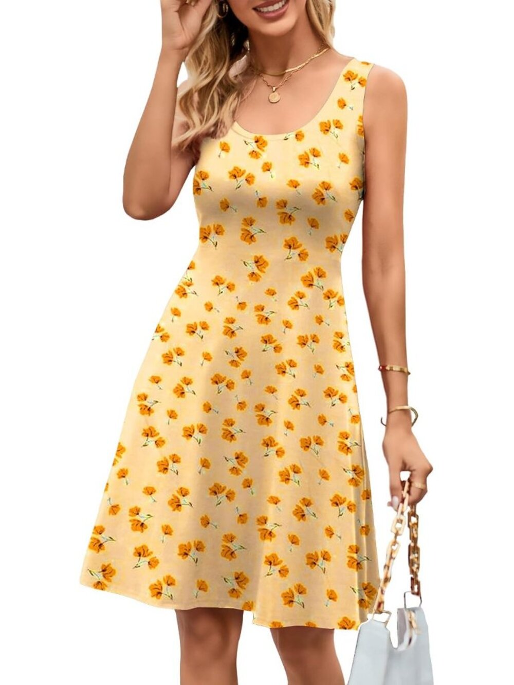 Women Beach Floral Sleeveless Wide Strap High Waist Midi Tank Dress-Flower-11b